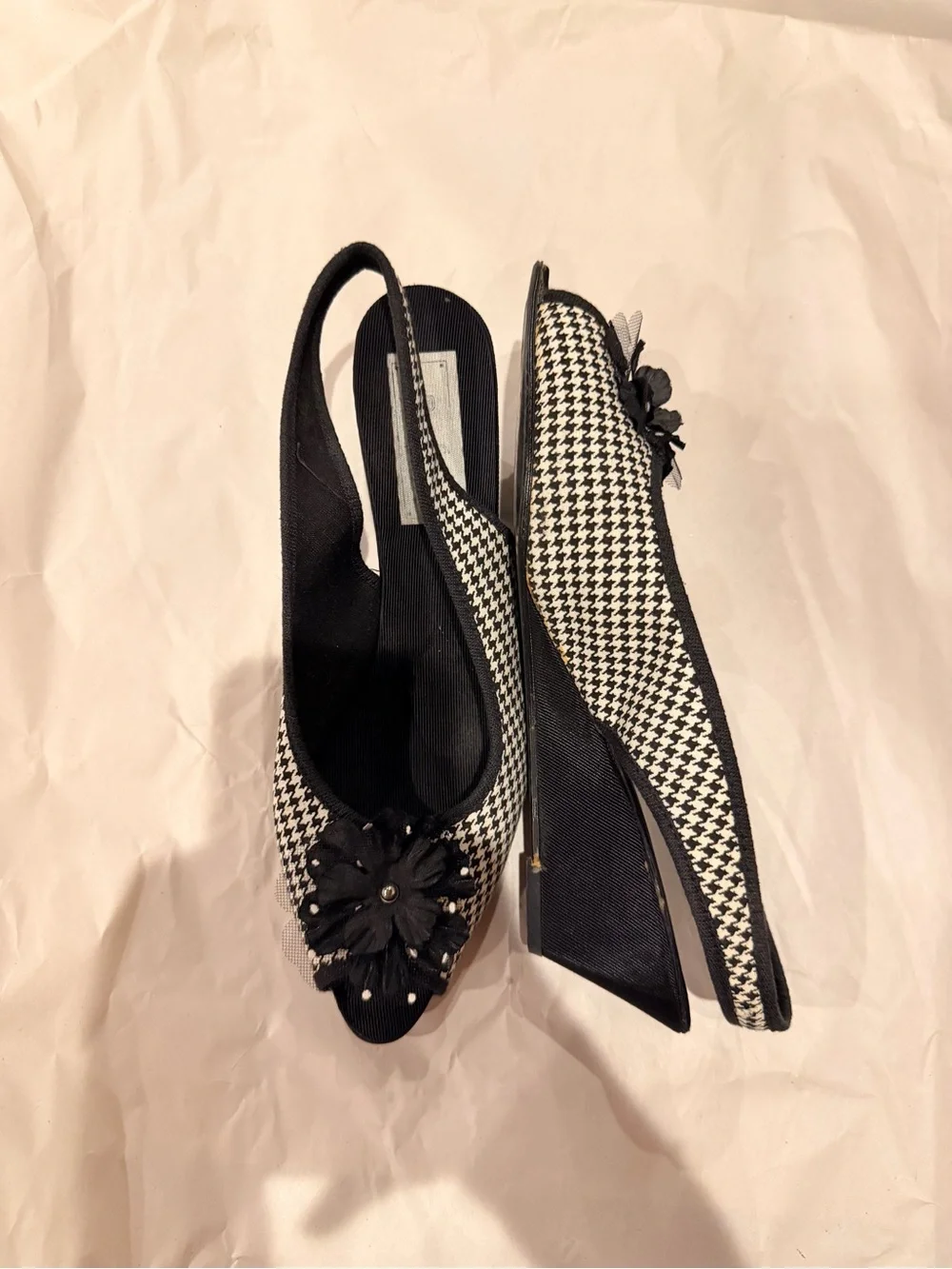 Black and White Houndstooth Platform Slingback Heels